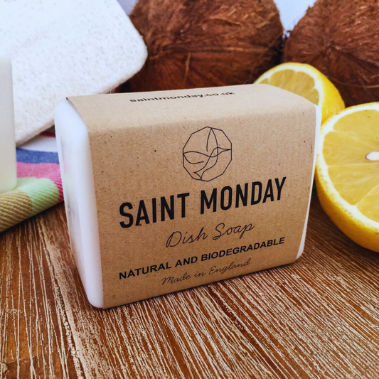 Saint Monday natural biodegradable dish soap bar with lemon, eco-friendly cleaning product from the UK, palm oil and borax free.