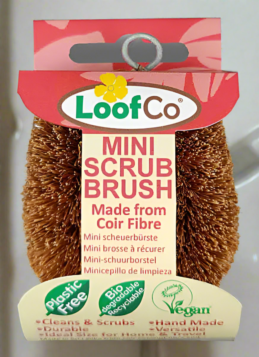 LoofCo Mini Scrub Brush made from coir fiber, plastic-free, biodegradable, and vegan-friendly packaging.