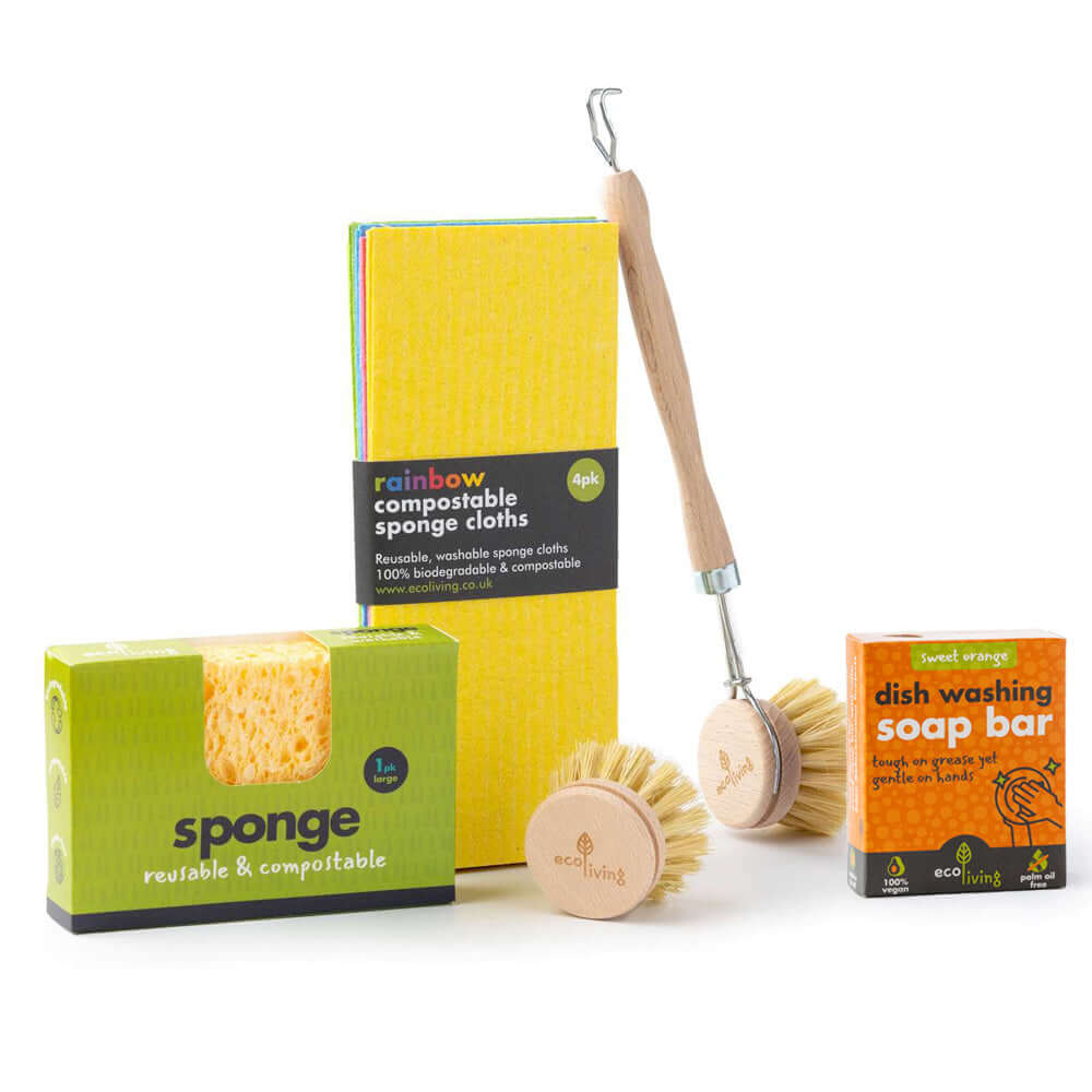 Eco Kitchen Starter Set with compostable sponge cloths, cellulose sponge, wooden dish brush, replacement head, and fragrance-free dish soap bar.