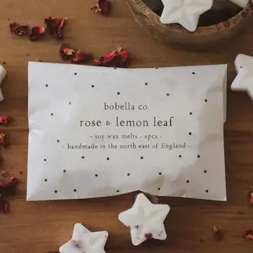 Rose & Lemon Leaf Soy Wax Melts by Bobella Co. - Pack of 6 botanical handmade wax melts in North East England, paraben and toxin-free.